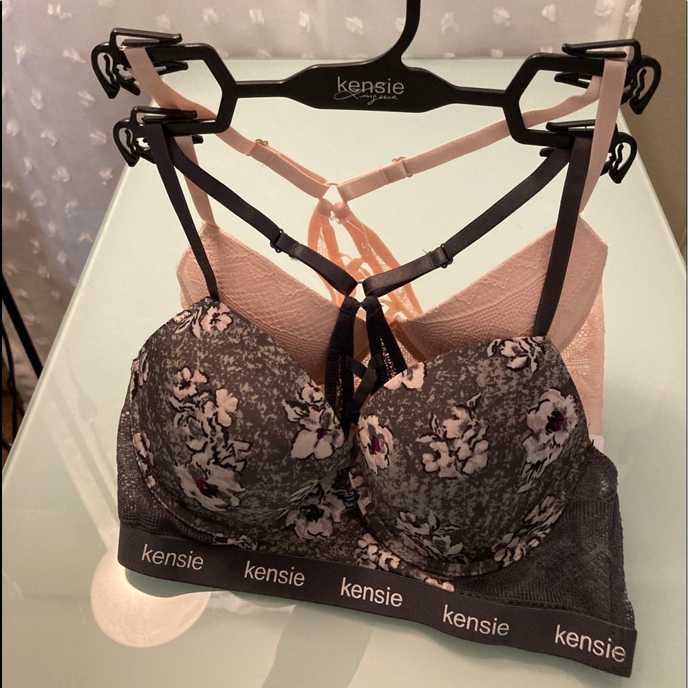34C bra. Pink. Pink and gray floral.